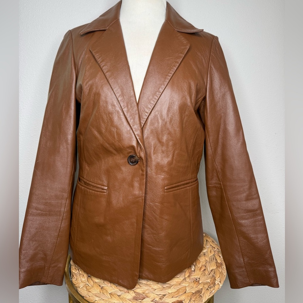 Rem Garson Blazer Brown Leather Jacket Collared Tailored Vintage outerwear lined
